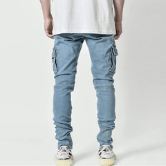 Jeans Men Pants Wash Solid Color Multi Pockets Denim Cargo Plus Size