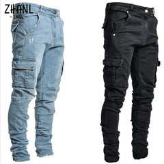 Jeans Men Pants Wash Solid Color Multi Pockets Denim Cargo Plus Size