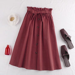 Midi Knee Length Elegant Button High Waist Skirt