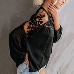 Sexy Lace Mesh Embroidery Patchwork Long Sleeve Top