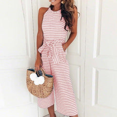 Striped Printed Lace-up Pocket O-neck Sleeveless Long Wide Jumpsuit