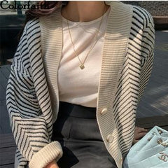 Fashionable Striped Casual V-Neck Cardigans Single Breasted