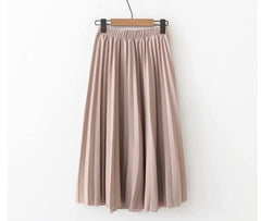 High Waist Solid Color Pleated Causal Midi Skirt