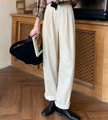 Brown Corduroy Pants Women High Waist Soft Girl Korean Style