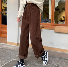 Brown Corduroy Pants Women High Waist Soft Girl Korean Style