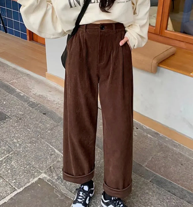 Brown Corduroy Pants Women High Waist Soft Girl Korean Style