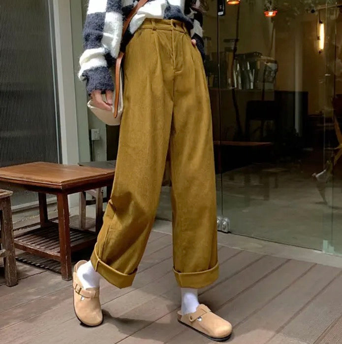 Brown Corduroy Pants Women High Waist Soft Girl Korean Style