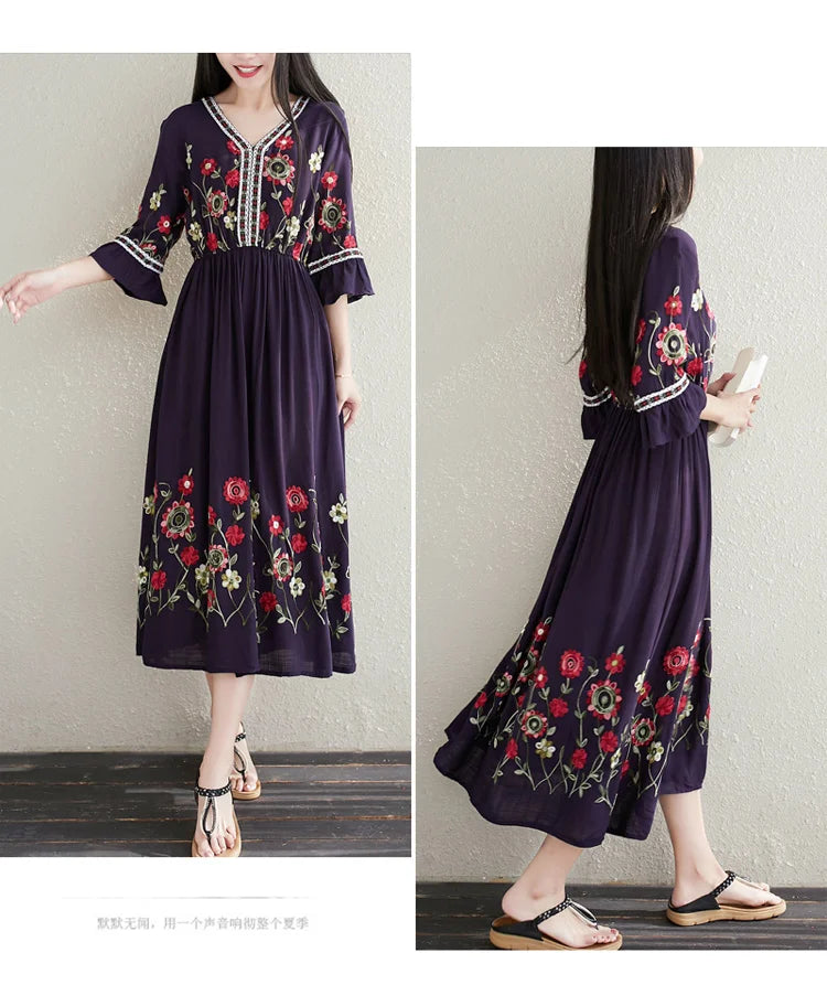 Women Retro Flare Sleeve Beach Embroidery Tunic Dress