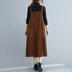 Corduroy Overalls Dresses Elegant Office Ladies Mid-Length Pocket Simple