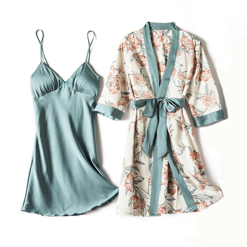 Print Pajamas Set Silky Women 5 Piece Sleepwear Satin