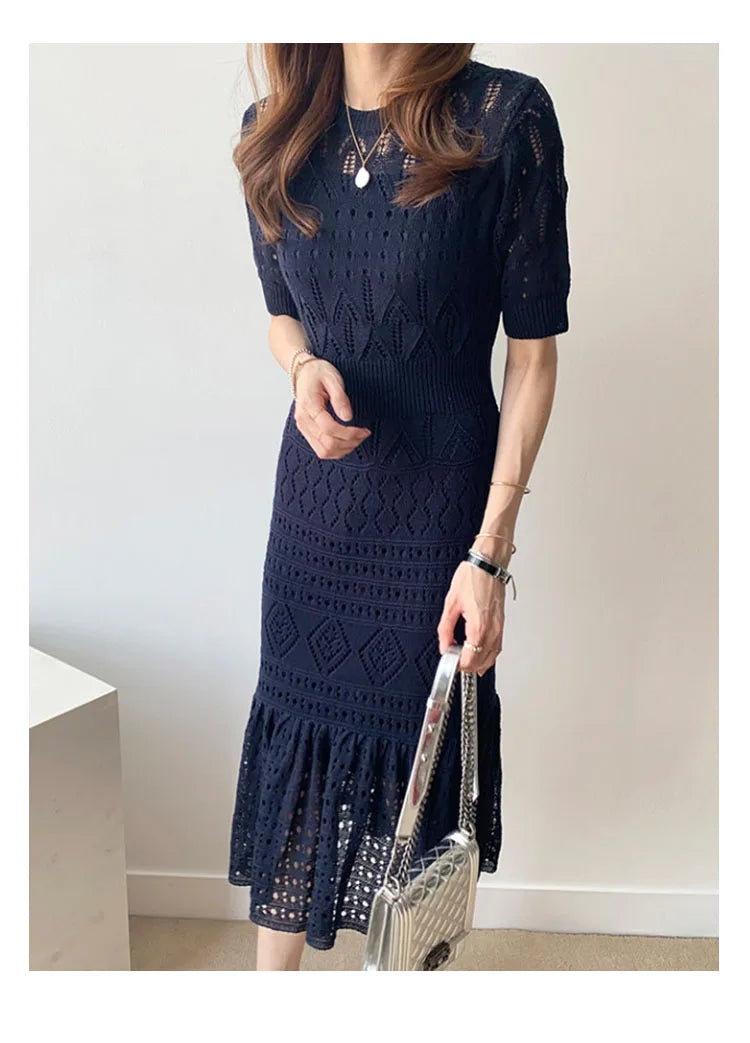 Casual Chic Slim Out Dresses O Neck Short Sleeve Wrap Hip Knitted Dress