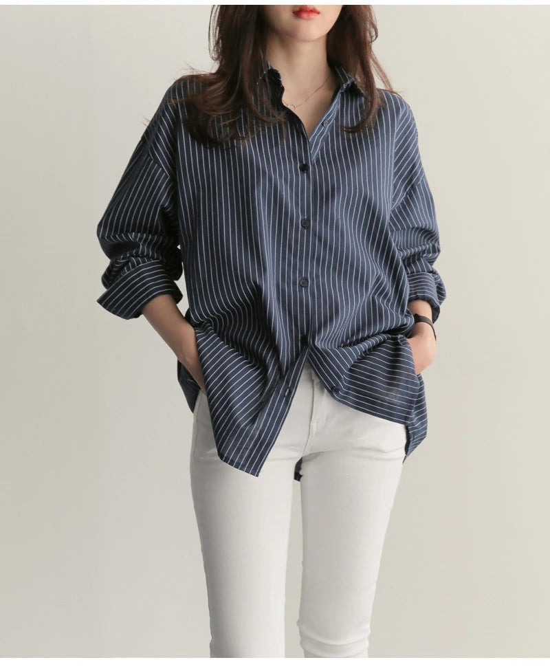 Shirt Blouse Fashion Stripe Office Button Up Shirt Long Sleeve