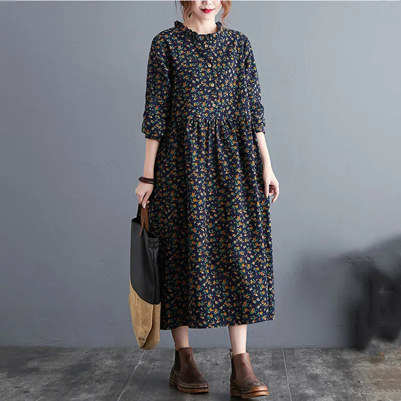 long sleeve cotton linen ruffle vintage floral dresses casual clothing