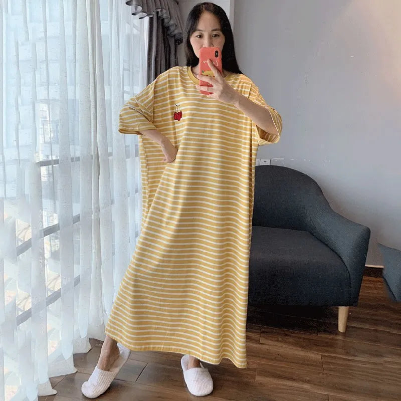 Cotton Striped Nightgown M-6XL Women Short Sleeve Homewear