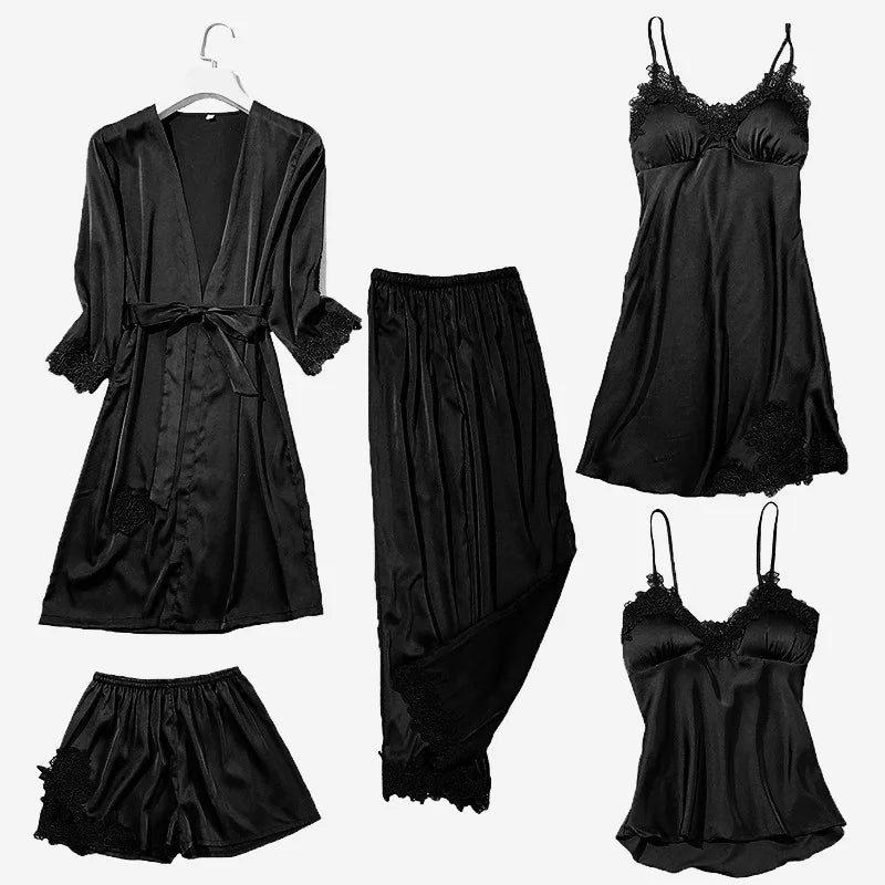 Satin Lace Pajamas Set Women Strap Top Pants Sleepwear Sleep Suit