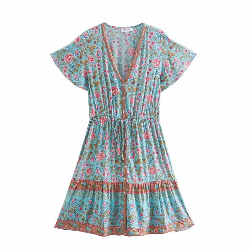 Floral Boho Mini Dress Vintage Women Dress