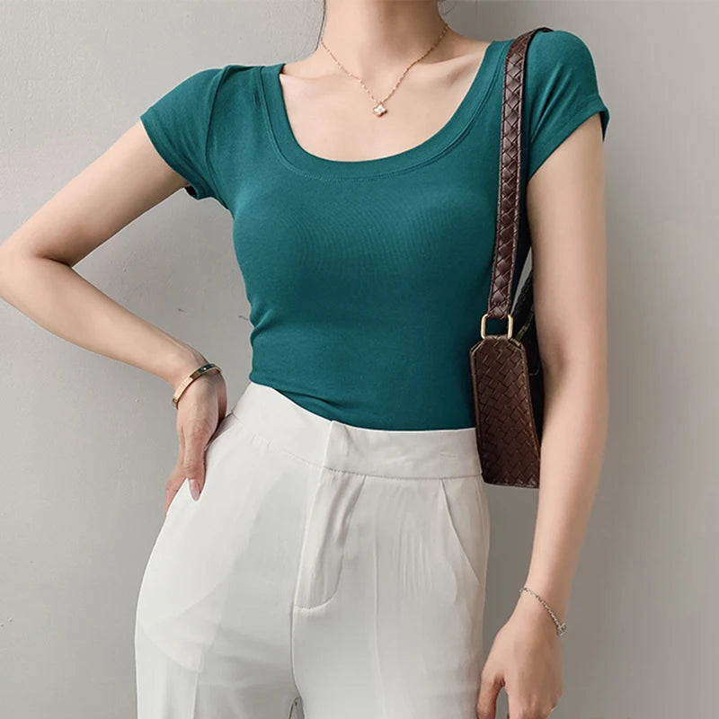 Cotton T Shirt Women Slim Solid Basic Tees Color Casual