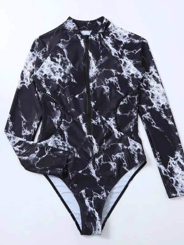 Black Print One Piece Swimsuit Zipper Long Sleeve Swimwear Sports