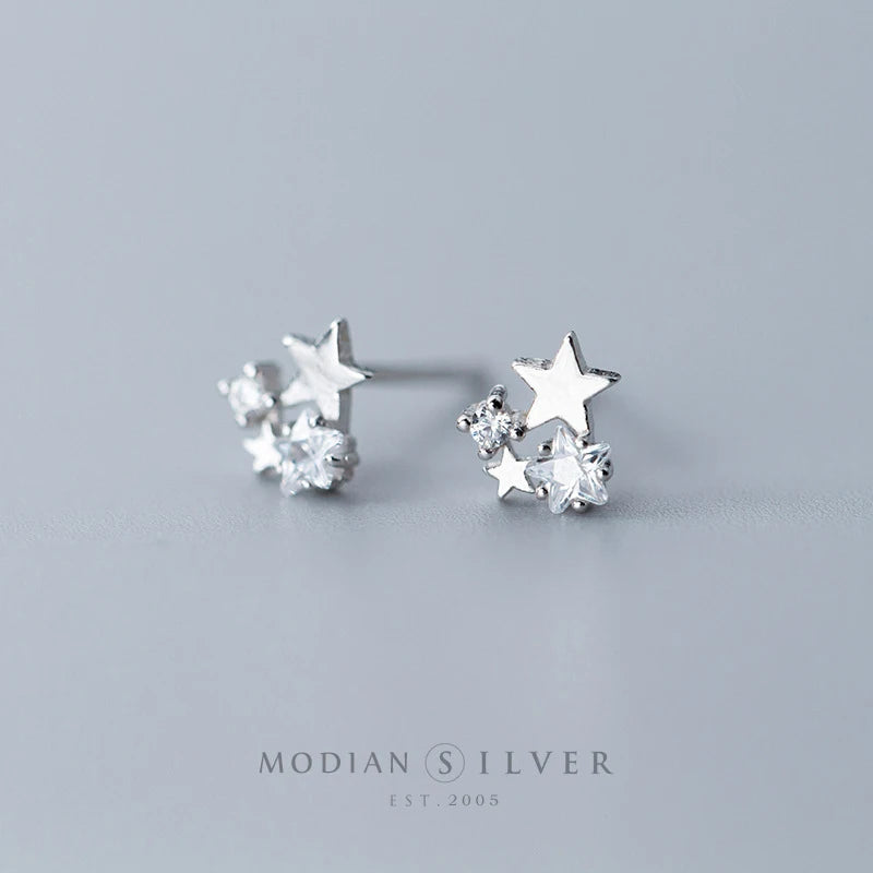 Silver Charm Stars Clear Zircon Stud Earrings