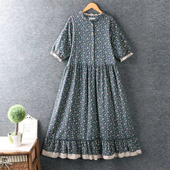 Summer Sweet Fresh Round Collar Double-layer Floral Dress S