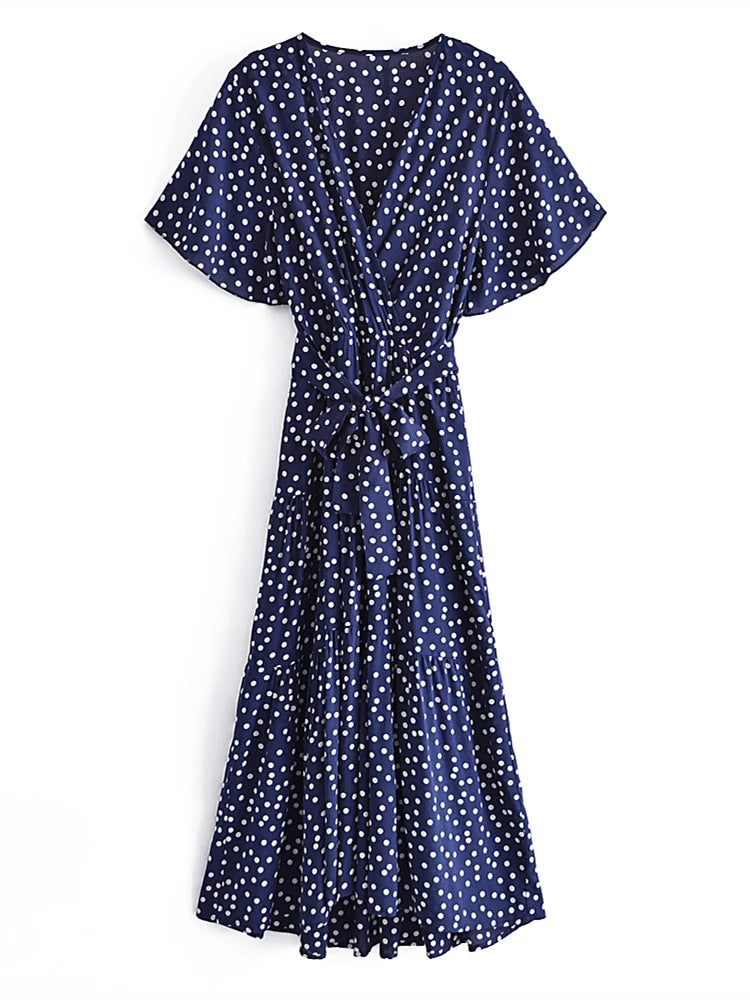 Vintage Chic Polka Dot Short Sleeve Bohemian Maxi Dress