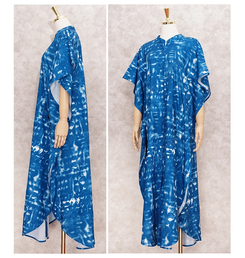 Casual Bikini Cover-ups Blue Tunic Striped Front Open Summer Beach Dress