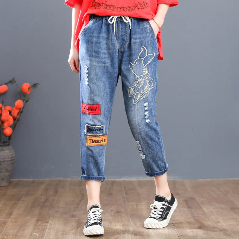 Women Calf Length Harem Jeans Multi-Style Embroidery Casual