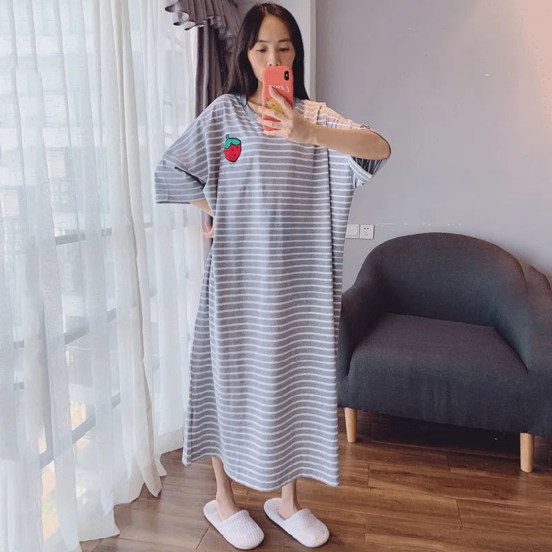 Cotton Striped Nightgown M-6XL Women Short Sleeve Homewear