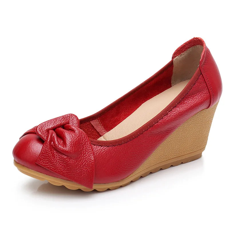 Genuine Leather Shoes Flats High Heels Slip On Bow-knot