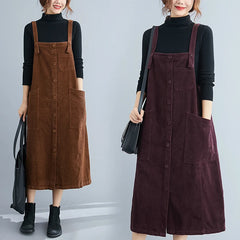 Corduroy Overalls Dresses Elegant Office Ladies Mid-Length Pocket Simple