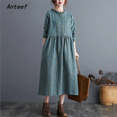 long sleeve cotton linen ruffle vintage floral dresses casual clothing