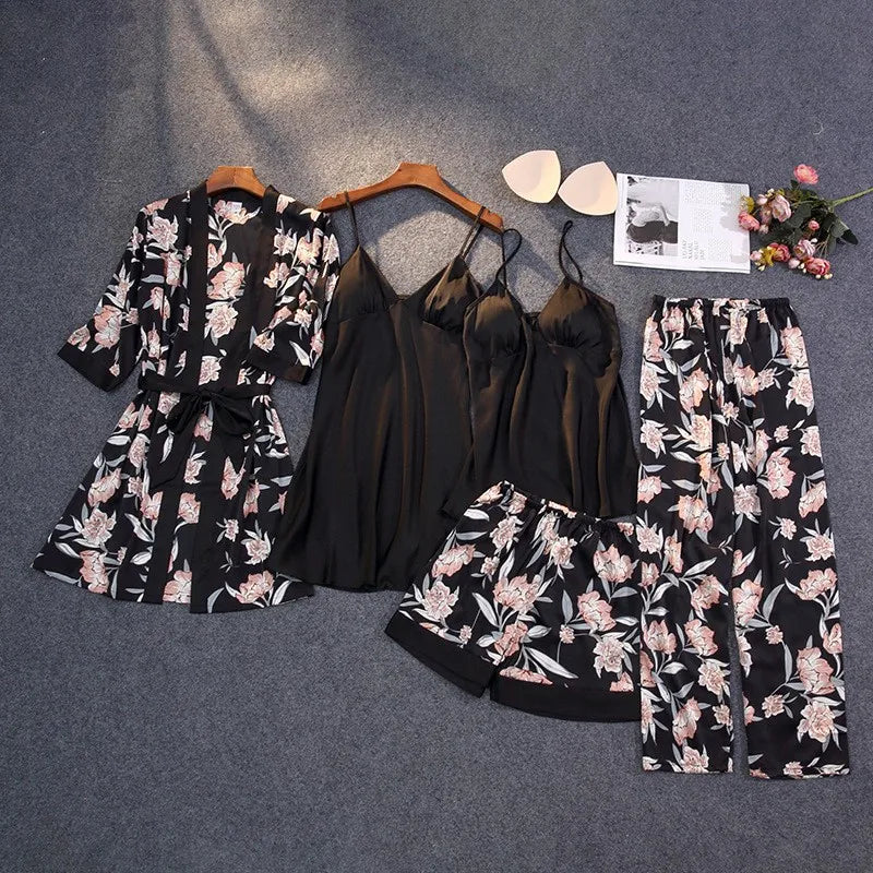 Print Pajamas Set Silky Women 5 Piece Sleepwear Satin