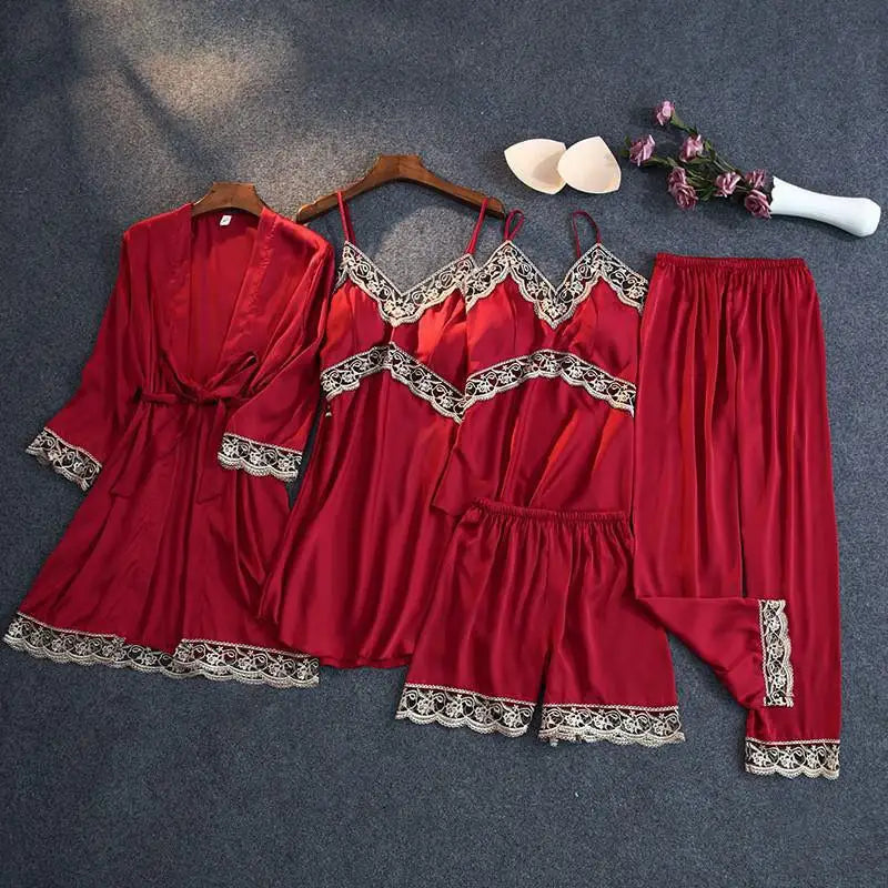 Print Pajamas Set Silky Women 5 Piece Sleepwear Satin