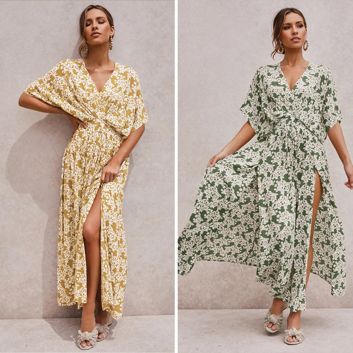 Boho Summer Floral Printed Split Maxi Dress Deep V Neck