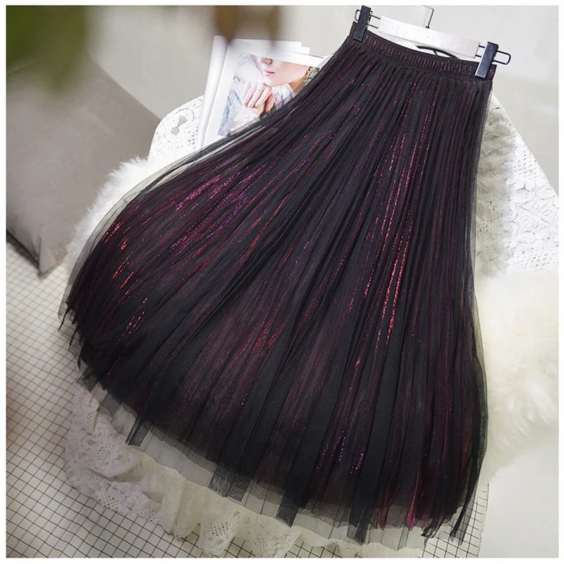 Women's 3 Layer Bright Tulle Skirt Ladies High Waist Bling Tutu Skirt Pleated