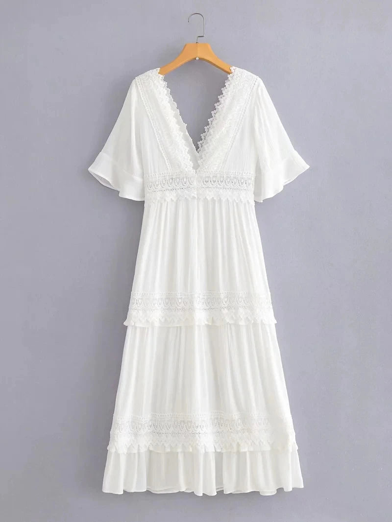 White Lace Maxi Dress Cotton Vintage Casual Chic Ruffle Boho