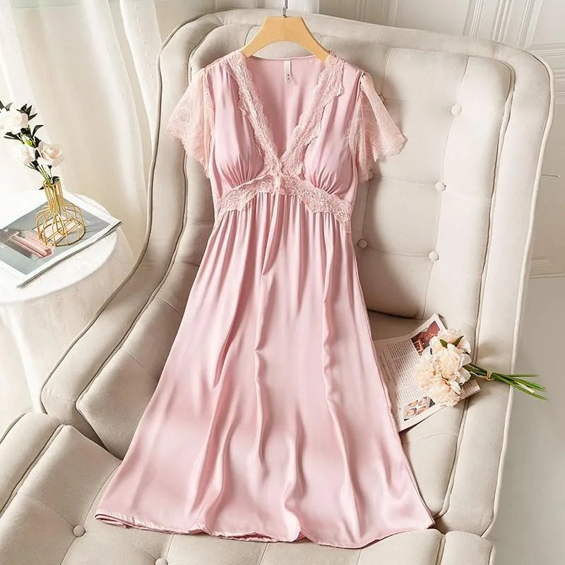 Lace V-neck Nightdress Women Satin Nightgown Sleep Dress