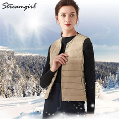 Down Vest Women Outerwear Ultra Light Jacket Sleeveless Ultra Thin