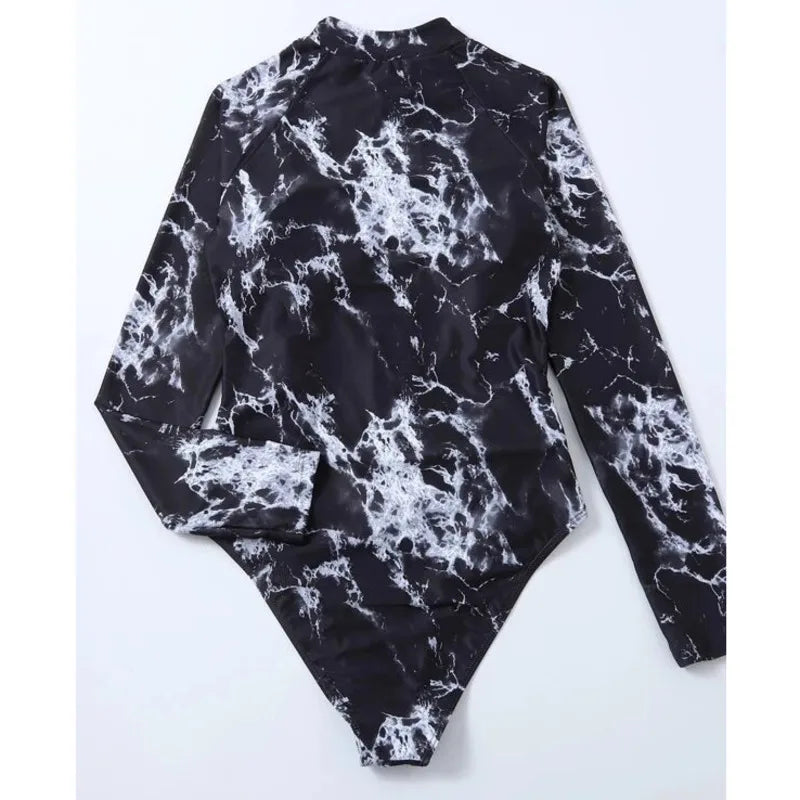 Black Print One Piece Swimsuit Zipper Long Sleeve Swimwear Sports