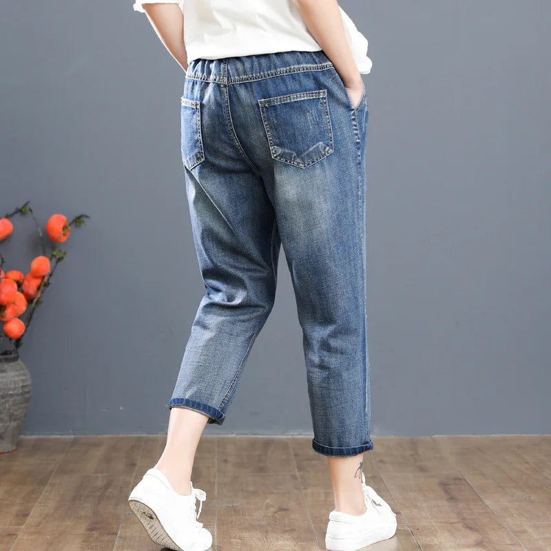 Women Calf Length Harem Jeans Multi-Style Embroidery Casual