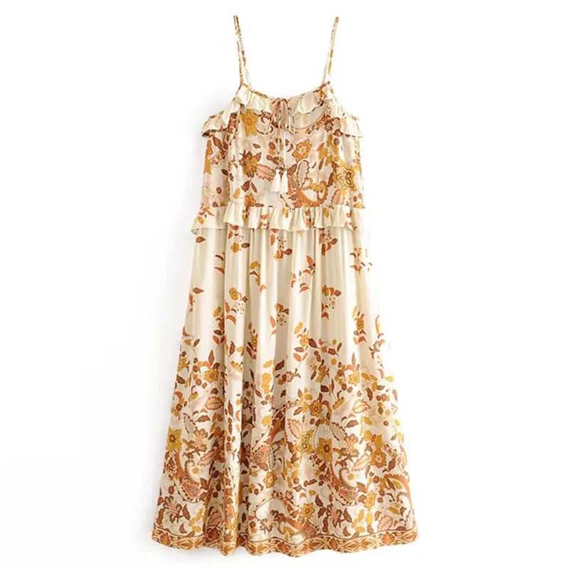 BOHO Wood Ruffles Floral Print Spaghetti Strap Dress