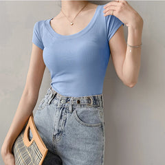 Cotton T Shirt Women Slim Solid Basic Tees Color Casual