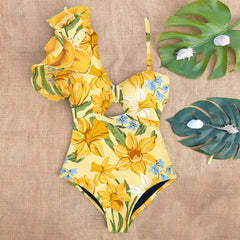 Ruffle Swimwear Single Shoulder One Piece Swimsuit Floral Printed