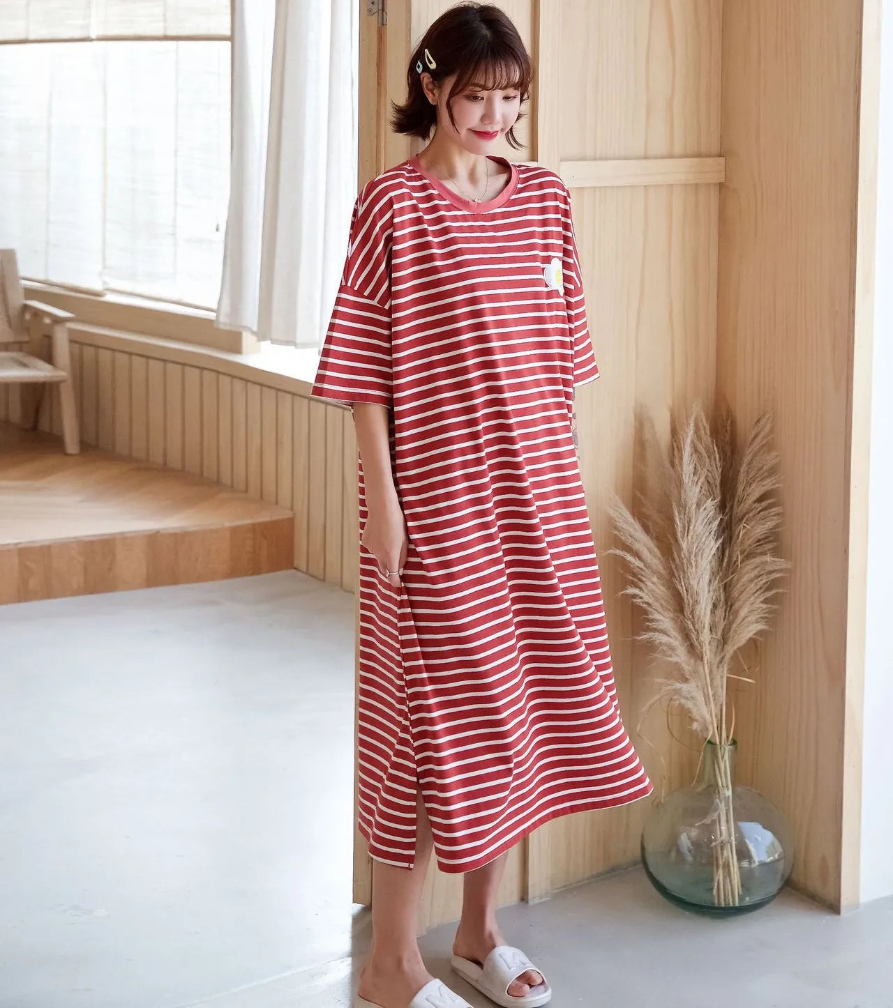 Cotton Striped Nightgown M-6XL Women Short Sleeve Homewear