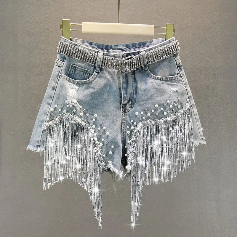 Summer Elegant Shorts Tassel Beading High Waist Wide Leg Denim Shorts