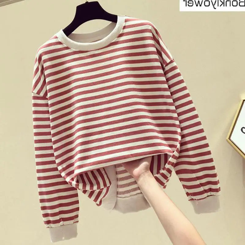 Women's Cotton Stripe Sweatshirt Long Sleeve Slim Pullover