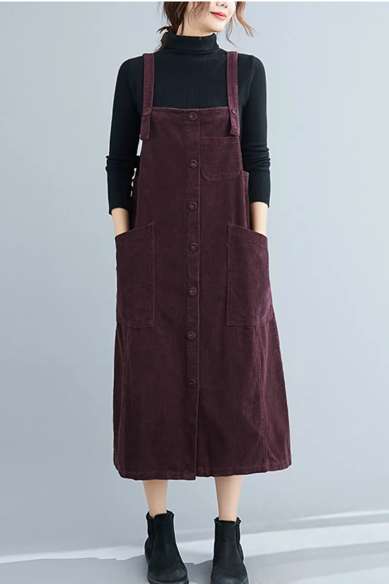 Corduroy Overalls Dresses Elegant Office Ladies Mid-Length Pocket Simple