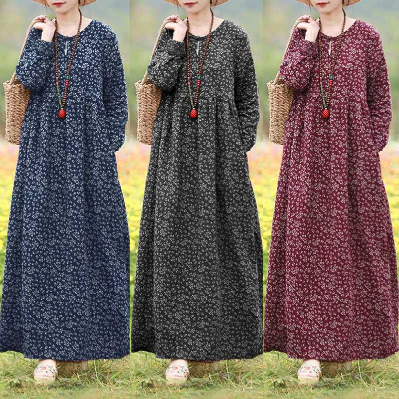 Vintage Women's Printed Dress Sundress Casual Long Sleeve