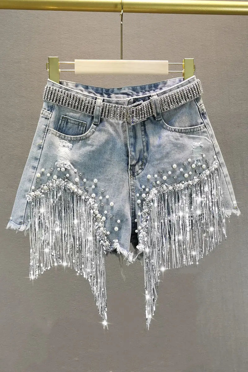 Summer Elegant Shorts Tassel Beading High Waist Wide Leg Denim Shorts