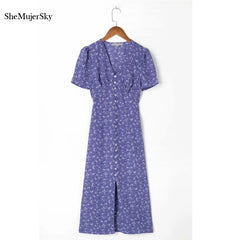 Summer Short Sleeve V-neck Midi Dress Floral Print Purple